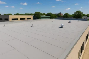 Modified bitumen flat roof installed by RISE Roofing in Houston TX