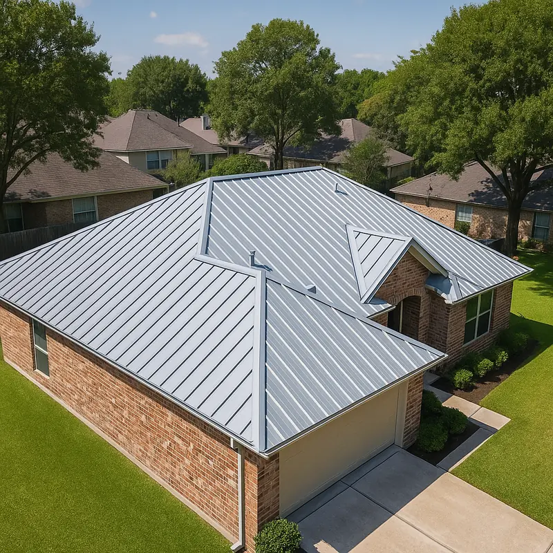 Aerial view of a standing seam metal roof on a Houston brick home